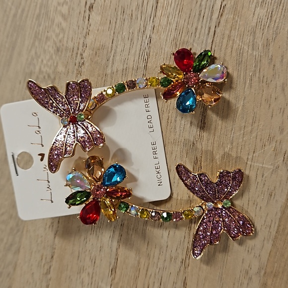 Pinky purple butterflies and multicolored rhinestone flower dangle earrings - Picture 2 of 6